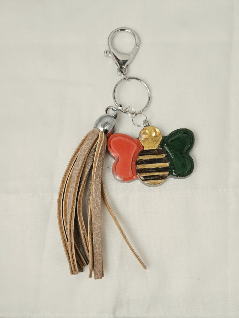Leather Tassel Bee Keyring with Red and Green Wings